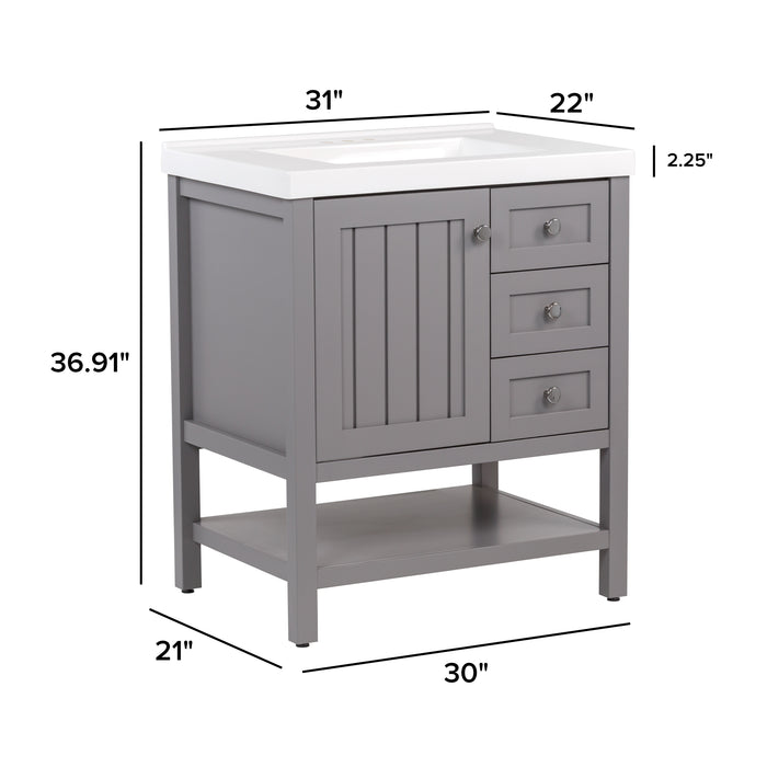 Measurements of Sykes 31 in. sterling gray bathroom vanity with 2 drawers, open shelf, cabinet, and white sink top: 31" W x 36.91" H x 22" D