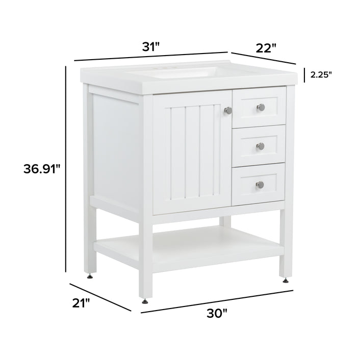 Sykes 31 in white bathroom vanity with 2 drawers, open shelf, cabinet, and white sink top