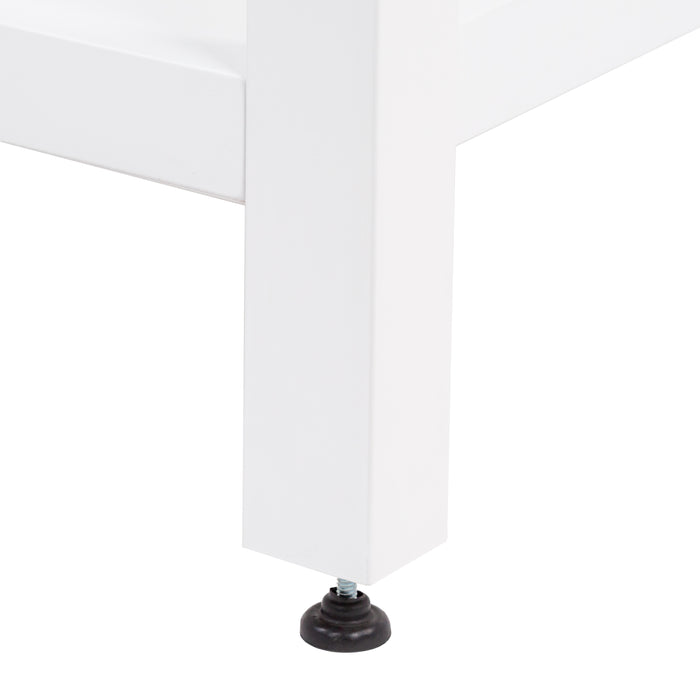 Leveling leg on Sykes 31 in white bathroom vanity with 2 drawers, open shelf, cabinet, and white sink top