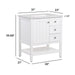 Measurements of Sykes 31 in white bathroom vanity with 2 drawers, open shelf, cabinet, and silver ash sink top