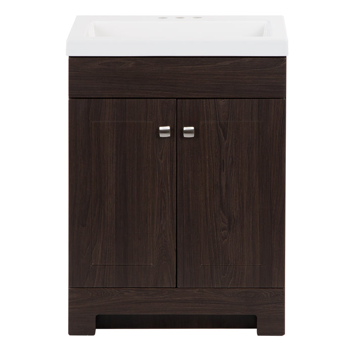 Wharton 24.5" W dark woodgrain bathroom vanity, 2 shaker-style doors, square nickel pulls, white sink top