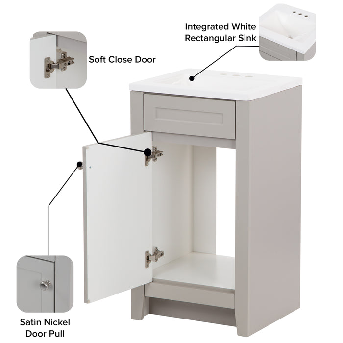 Feature callouts on Wyre 18.25" W gray shaker-style 1-door bathroom vanity with satin nickel pull, white sink top