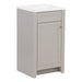 Left side of Wyre 18.25" W gray shaker-style 1-door bathroom vanity with satin nickel pull, white sink top