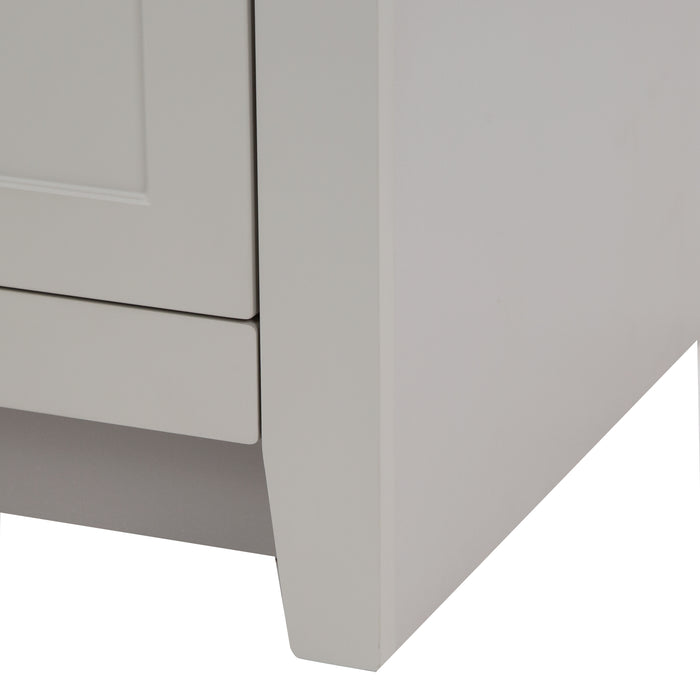 Closeup of toekick on Wyre 24.5" W bathroom vanity with 2 Shaker doors