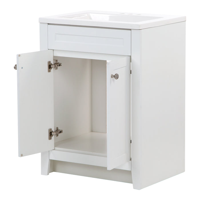 Wyre 24.5" W white cabinet-style bathroom vanity with 2 open Shaker doors, satin nickel pulls, white sink top